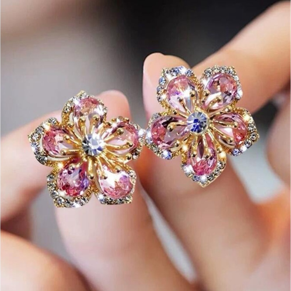 Pink Rhinestone Sparkle Flower Stud Wedding Holiday Crystal Luxury Earrings